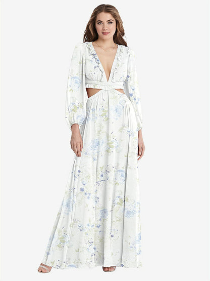 【STYLE: LB015】Bishop Sleeve Ruffled Chiffon Cutout Maxi Dress - Harlow 【COLOR: Bleu Garden】