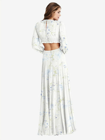 【STYLE: LB015】Bishop Sleeve Ruffled Chiffon Cutout Maxi Dress - Harlow 【COLOR: Bleu Garden】