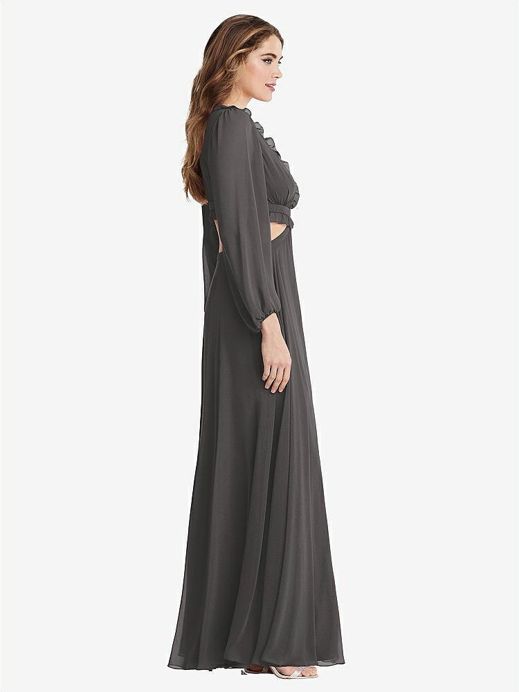 【STYLE: LB015】Bishop Sleeve Ruffled Chiffon Cutout Maxi Dress - Harlow 【COLOR: Caviar Gray】