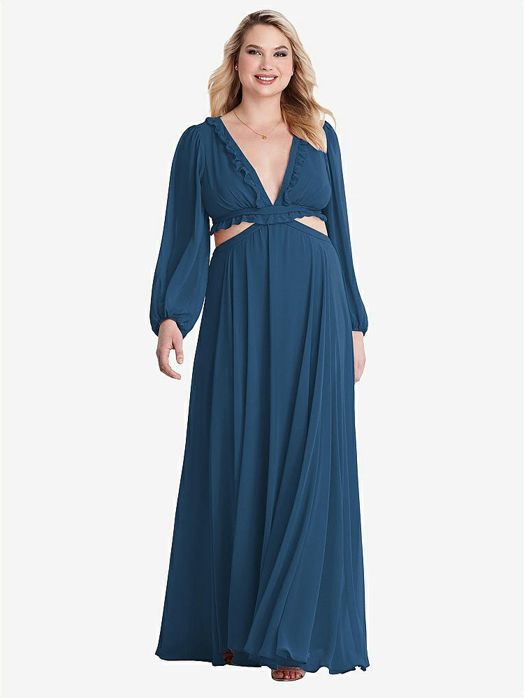 【STYLE: LB015】Bishop Sleeve Ruffled Chiffon Cutout Maxi Dress - Harlow 【COLOR: Dusk Blue】