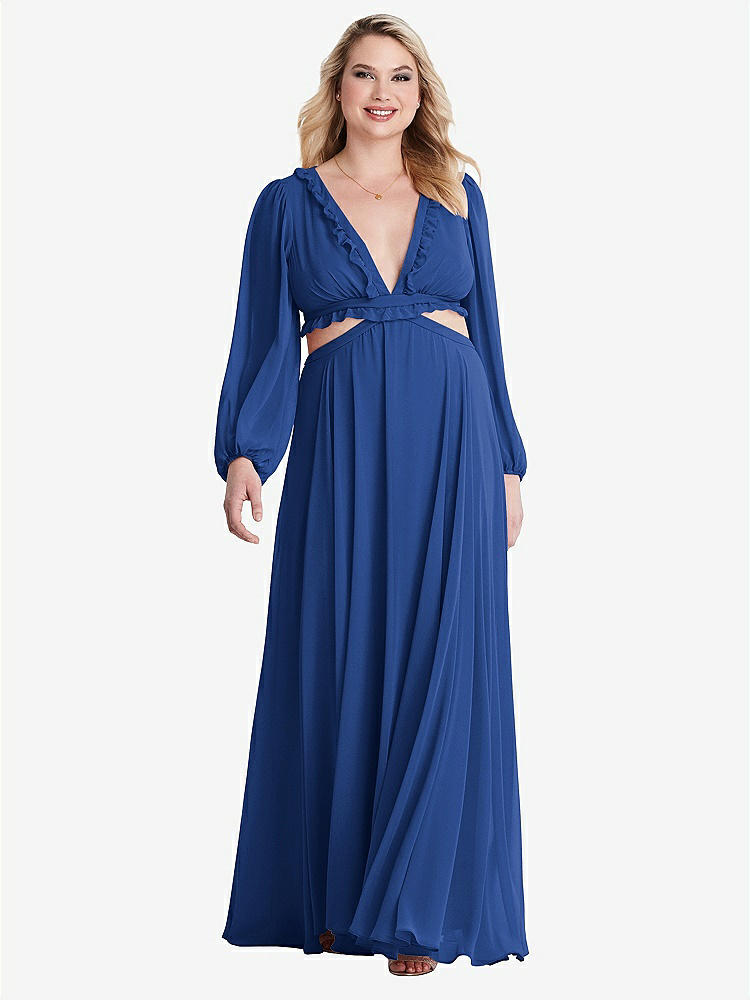 【STYLE: LB015】Bishop Sleeve Ruffled Chiffon Cutout Maxi Dress - Harlow 【COLOR: Classic Blue】