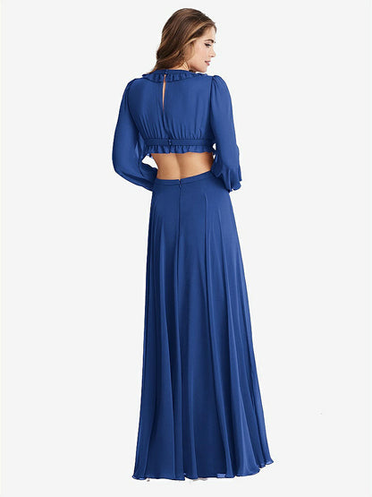 【STYLE: LB015】Bishop Sleeve Ruffled Chiffon Cutout Maxi Dress - Harlow 【COLOR: Classic Blue】