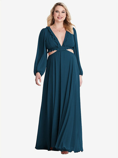 【NEW】【STYLE: LB015】ビショップ 袖 フリル シフォン カットアウト マキシ ドレス  -  ハーロー 【COLOR: Atlantic Blue】【SIZE: 00-30W】