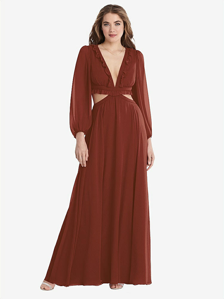 【STYLE: LB015】Bishop Sleeve Ruffled Chiffon Cutout Maxi Dress - Harlow 【COLOR: Auburn Moon】