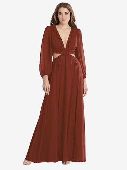 【STYLE: LB015】Bishop Sleeve Ruffled Chiffon Cutout Maxi Dress - Harlow 【COLOR: Auburn Moon】