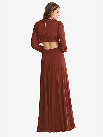 【STYLE: LB015】Bishop Sleeve Ruffled Chiffon Cutout Maxi Dress - Harlow 【COLOR: Auburn Moon】