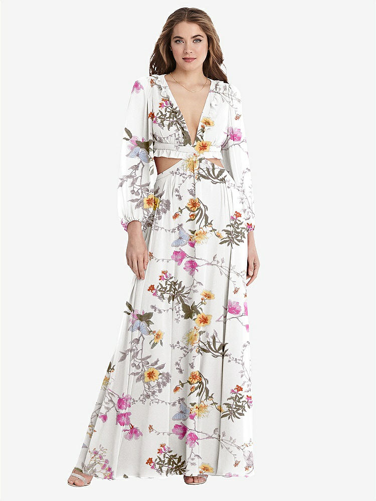 【STYLE: LB015】Bishop Sleeve Ruffled Chiffon Cutout Maxi Dress - Harlow 【COLOR: Butterfly Botanica Ivory】