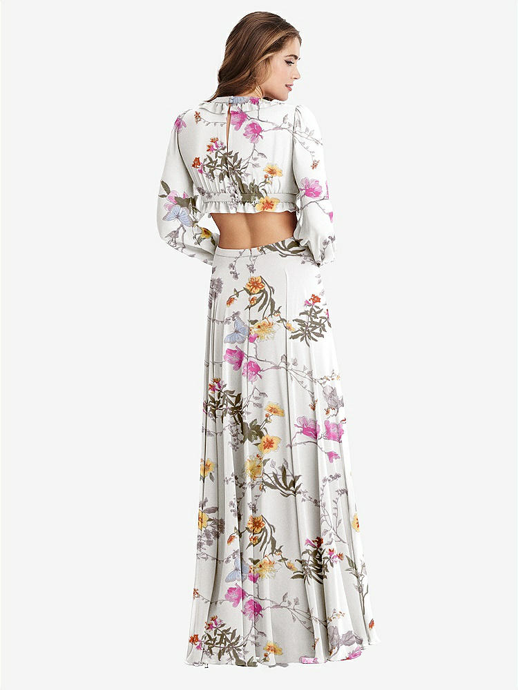 【STYLE: LB015】Bishop Sleeve Ruffled Chiffon Cutout Maxi Dress - Harlow 【COLOR: Butterfly Botanica Ivory】