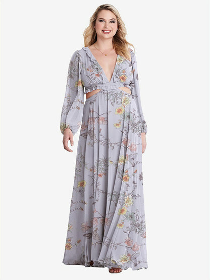 【STYLE: LB015】Bishop Sleeve Ruffled Chiffon Cutout Maxi Dress - Harlow 【COLOR: Butterfly Botanica Silver Dove】