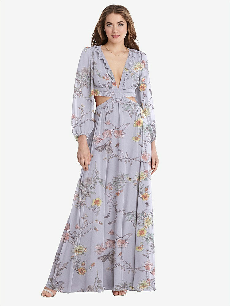 【STYLE: LB015】Bishop Sleeve Ruffled Chiffon Cutout Maxi Dress - Harlow 【COLOR: Butterfly Botanica Silver Dove】