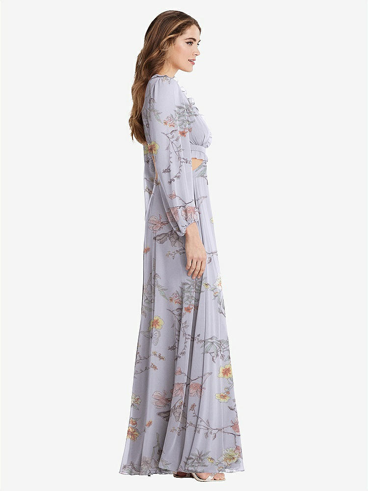 【STYLE: LB015】Bishop Sleeve Ruffled Chiffon Cutout Maxi Dress - Harlow 【COLOR: Butterfly Botanica Silver Dove】