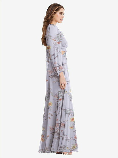 【STYLE: LB015】Bishop Sleeve Ruffled Chiffon Cutout Maxi Dress - Harlow 【COLOR: Butterfly Botanica Silver Dove】