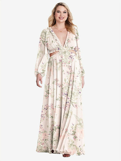 【STYLE: LB015】Bishop Sleeve Ruffled Chiffon Cutout Maxi Dress - Harlow 【COLOR: Blush Garden】