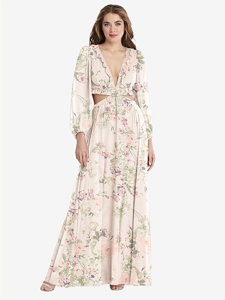 【STYLE: LB015】Bishop Sleeve Ruffled Chiffon Cutout Maxi Dress - Harlow 【COLOR: Blush Garden】