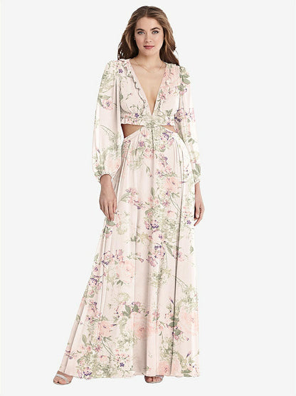【STYLE: LB015】Bishop Sleeve Ruffled Chiffon Cutout Maxi Dress - Harlow 【COLOR: Blush Garden】