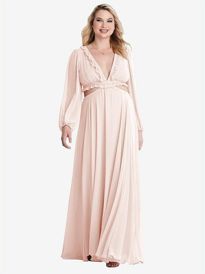 【NEW】【STYLE: LB015】ビショップ 袖 フリル シフォン カットアウト マキシ ドレス  -  ハーロー 【COLOR: Blush】【SIZE: 00-30W】