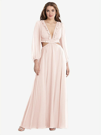 【NEW】【STYLE: LB015】ビショップ 袖 フリル シフォン カットアウト マキシ ドレス  -  ハーロー 【COLOR: Blush】【SIZE: 00-30W】