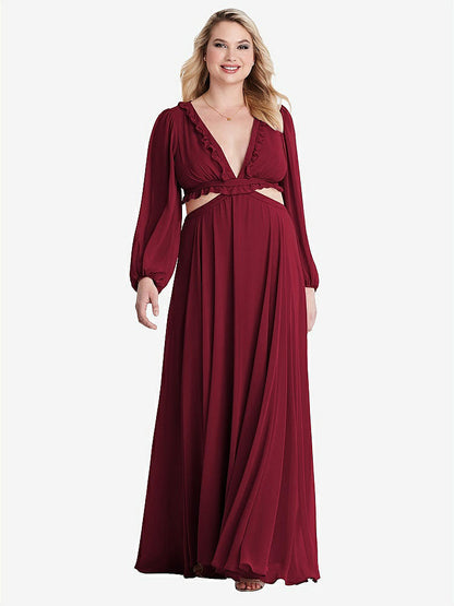 【NEW】【STYLE: LB015】ビショップ 袖 フリル シフォン カットアウト マキシ ドレス  -  ハーロー 【COLOR: Burgundy】【SIZE: 00-30W】