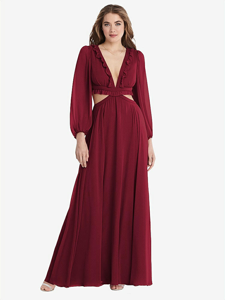 【STYLE: LB015】Bishop Sleeve Ruffled Chiffon Cutout Maxi Dress - Harlow 【COLOR: Burgundy】