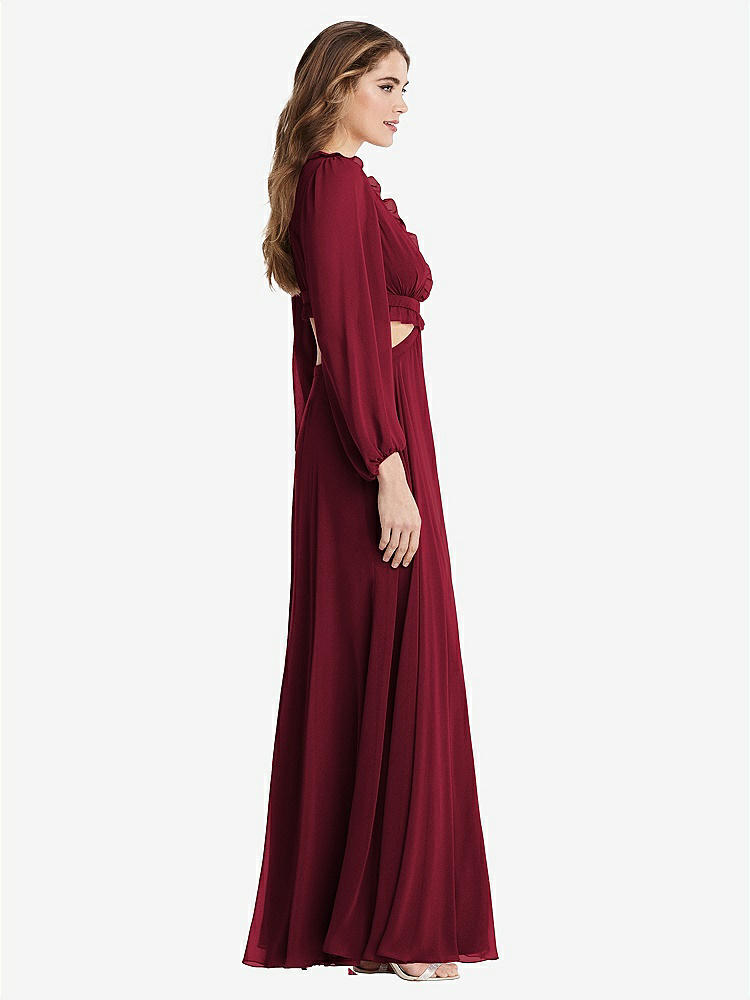 【NEW】【STYLE: LB015】ビショップ 袖 フリル シフォン カットアウト マキシ ドレス  -  ハーロー 【COLOR: Burgundy】【SIZE: 00-30W】