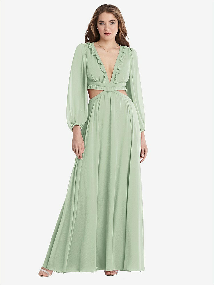 【STYLE: LB015】Bishop Sleeve Ruffled Chiffon Cutout Maxi Dress - Harlow 【COLOR: Celadon】