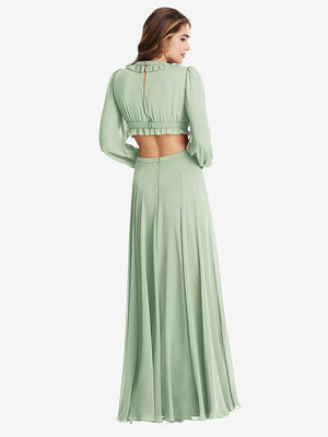 【STYLE: LB015】Bishop Sleeve Ruffled Chiffon Cutout Maxi Dress - Harlow 【COLOR: Celadon】