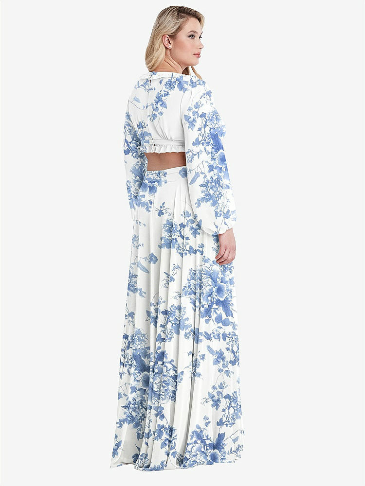 【STYLE: LB015】Bishop Sleeve Ruffled Chiffon Cutout Maxi Dress - Harlow 【COLOR: Cottage Rose Dusk Blue】