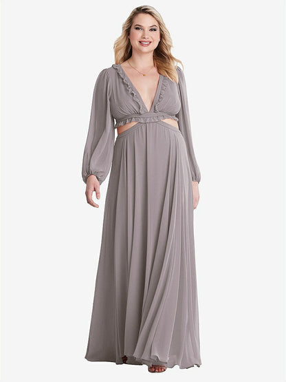 【NEW】【STYLE: LB015】ビショップ 袖 フリル シフォン カットアウト マキシ ドレス  -  ハーロー 【COLOR: Cashmere Gray】【SIZE: 00-30W】