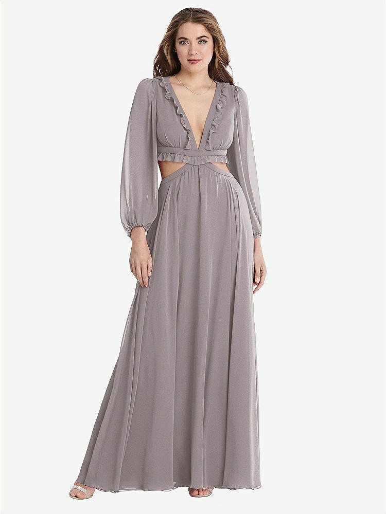 【NEW】【STYLE: LB015】ビショップ 袖 フリル シフォン カットアウト マキシ ドレス  -  ハーロー 【COLOR: Cashmere Gray】【SIZE: 00-30W】