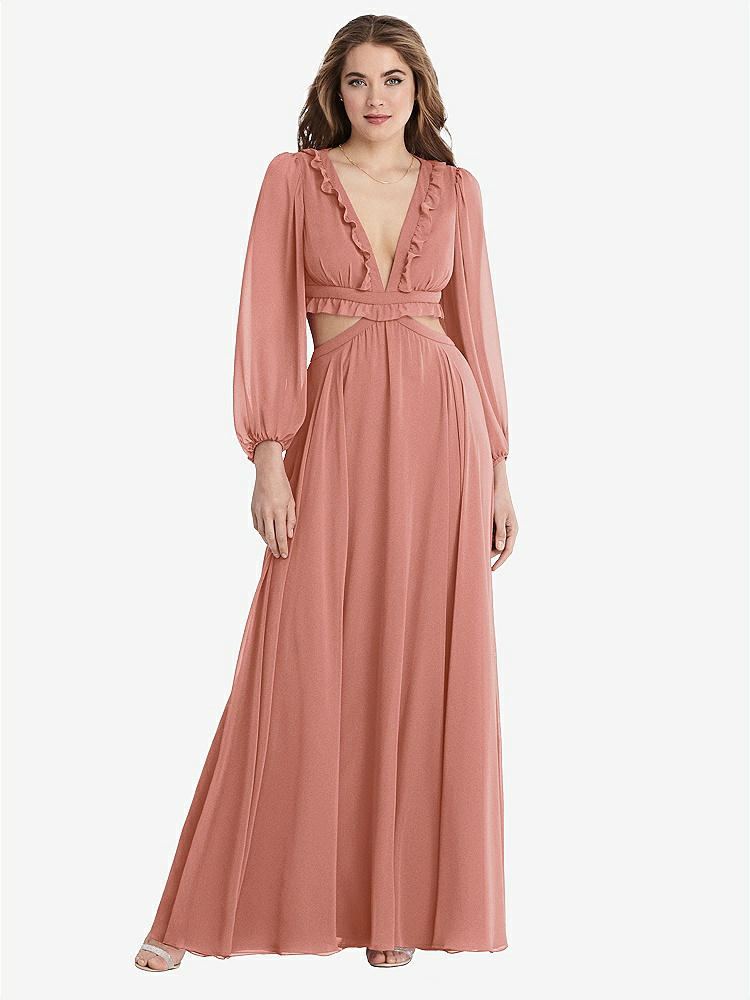 【STYLE: LB015】Bishop Sleeve Ruffled Chiffon Cutout Maxi Dress - Harlow 【COLOR: Desert Rose】