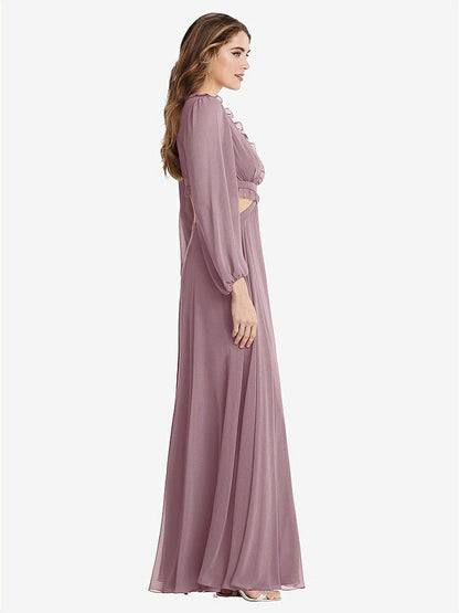 【STYLE: LB015】Bishop Sleeve Ruffled Chiffon Cutout Maxi Dress - Harlow 【COLOR: Dusty Rose】