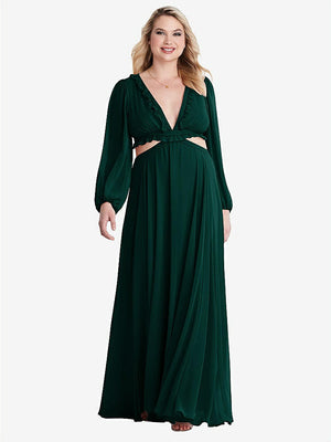 【STYLE: LB015】Bishop Sleeve Ruffled Chiffon Cutout Maxi Dress - Harlow 【COLOR: Evergreen】