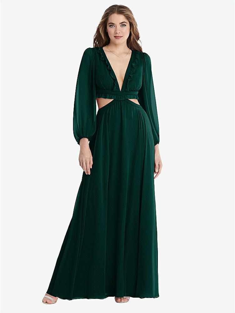 【STYLE: LB015】Bishop Sleeve Ruffled Chiffon Cutout Maxi Dress - Harlow 【COLOR: Evergreen】