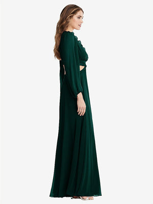 【STYLE: LB015】Bishop Sleeve Ruffled Chiffon Cutout Maxi Dress - Harlow 【COLOR: Evergreen】