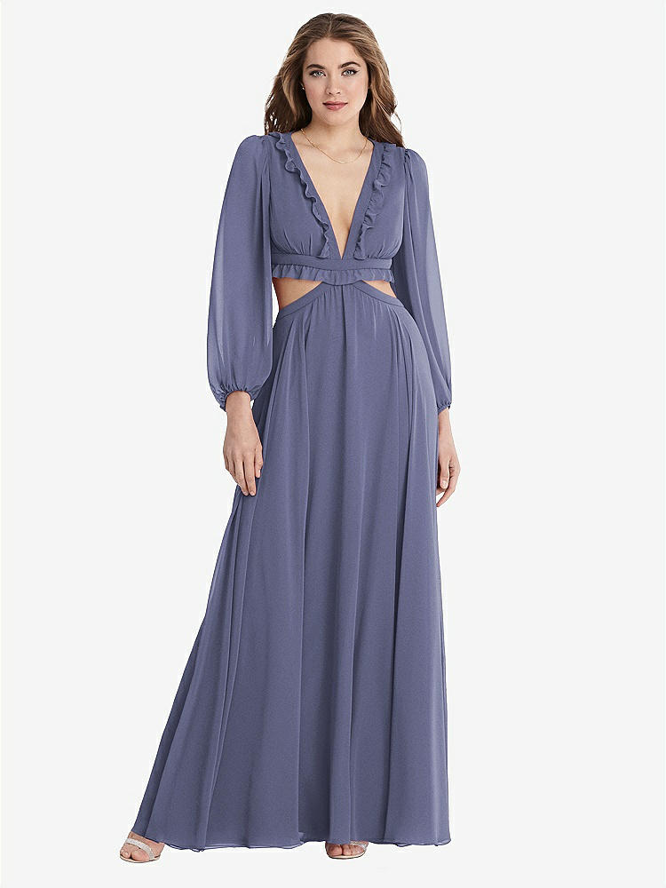 【STYLE: LB015】Bishop Sleeve Ruffled Chiffon Cutout Maxi Dress - Harlow 【COLOR: French Blue】