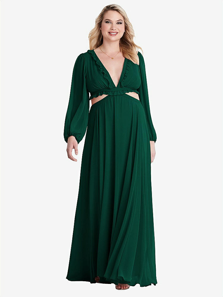 【STYLE: LB015】Bishop Sleeve Ruffled Chiffon Cutout Maxi Dress - Harlow 【COLOR: Hunter Green】
