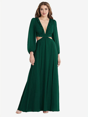 【STYLE: LB015】Bishop Sleeve Ruffled Chiffon Cutout Maxi Dress - Harlow 【COLOR: Hunter Green】