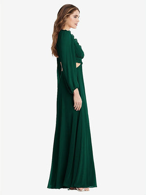 【STYLE: LB015】Bishop Sleeve Ruffled Chiffon Cutout Maxi Dress - Harlow 【COLOR: Hunter Green】