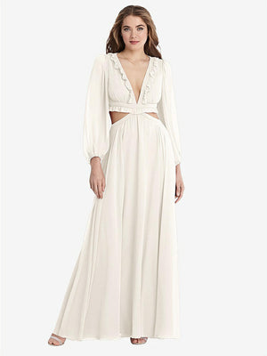 【STYLE: LB015】Bishop Sleeve Ruffled Chiffon Cutout Maxi Dress - Harlow 【COLOR: Ivory】