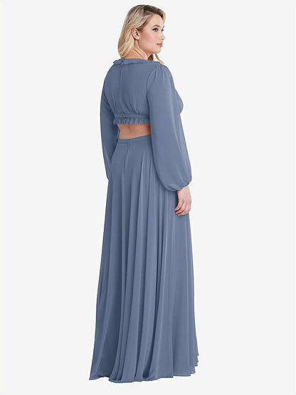【STYLE: LB015】Bishop Sleeve Ruffled Chiffon Cutout Maxi Dress - Harlow 【COLOR: Larkspur Blue】