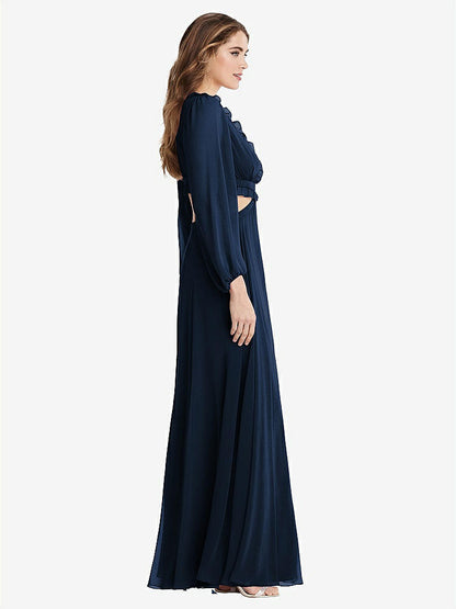 【STYLE: LB015】Bishop Sleeve Ruffled Chiffon Cutout Maxi Dress - Harlow 【COLOR: Midnight Navy】