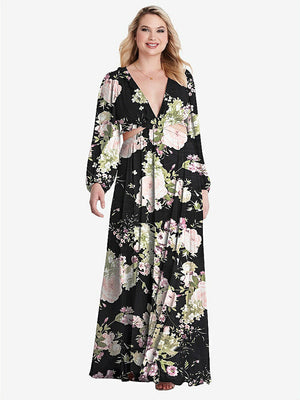 【STYLE: LB015】Bishop Sleeve Ruffled Chiffon Cutout Maxi Dress - Harlow 【COLOR: Noir Garden】