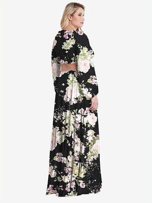 【STYLE: LB015】Bishop Sleeve Ruffled Chiffon Cutout Maxi Dress - Harlow 【COLOR: Noir Garden】