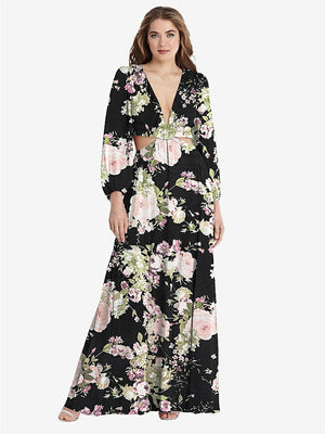 【STYLE: LB015】Bishop Sleeve Ruffled Chiffon Cutout Maxi Dress - Harlow 【COLOR: Noir Garden】