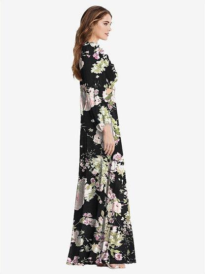 【STYLE: LB015】Bishop Sleeve Ruffled Chiffon Cutout Maxi Dress - Harlow 【COLOR: Noir Garden】