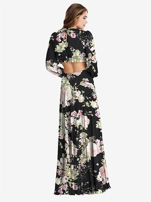 【STYLE: LB015】Bishop Sleeve Ruffled Chiffon Cutout Maxi Dress - Harlow 【COLOR: Noir Garden】