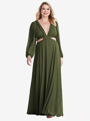 【STYLE: LB015】Bishop Sleeve Ruffled Chiffon Cutout Maxi Dress - Harlow 【COLOR: Olive Green】