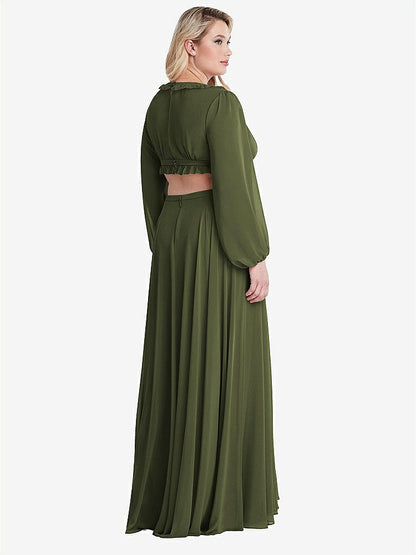 【STYLE: LB015】Bishop Sleeve Ruffled Chiffon Cutout Maxi Dress - Harlow 【COLOR: Olive Green】