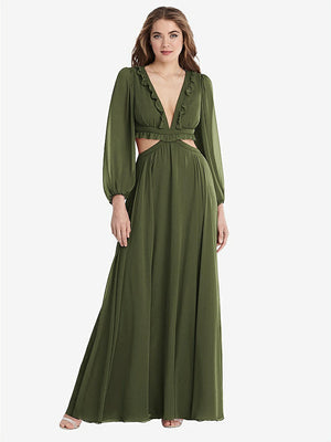 【STYLE: LB015】Bishop Sleeve Ruffled Chiffon Cutout Maxi Dress - Harlow 【COLOR: Olive Green】