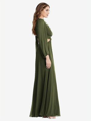 【STYLE: LB015】Bishop Sleeve Ruffled Chiffon Cutout Maxi Dress - Harlow 【COLOR: Olive Green】